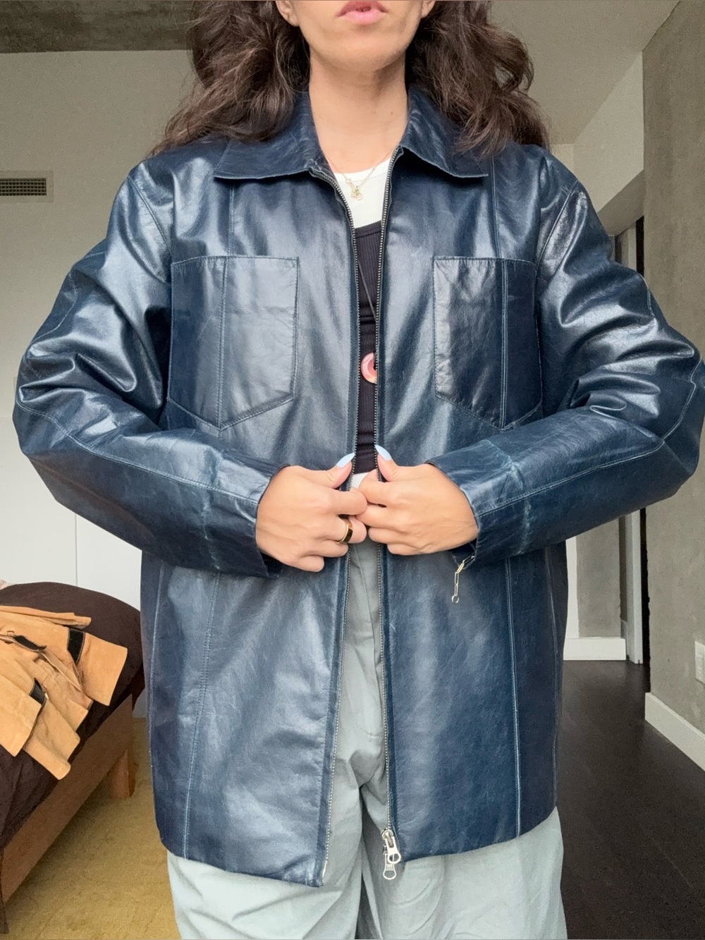 Danier Navy Faux Leather Zip Jacket